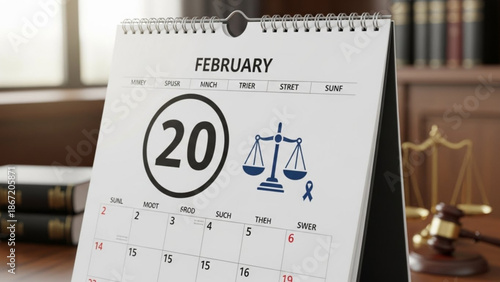 A calendar marking World Justice Day on February 20th in a lawyer's office setting