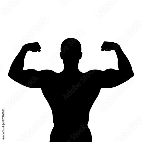Silhouette of a muscular man flexing his biceps against a white background.
