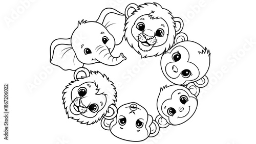 Black and white illustration of cartoon animals in a circular formation.