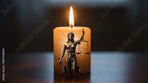 A lit candle with a statue of justice on it in a dark room