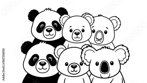 Black and white illustration of cartoon pandas and koalas together.