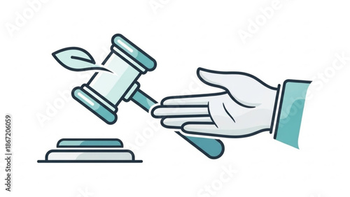 A hand holding a gavel with a leaf on it, symbolizing eco-friendly justice and law.