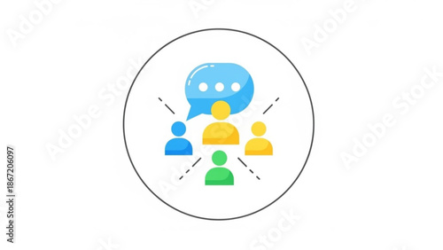 A colorful vector graphic illustration of people communicating in a circle design