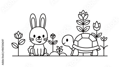 A cartoon rabbit and turtle sitting together surrounded by flowers.
