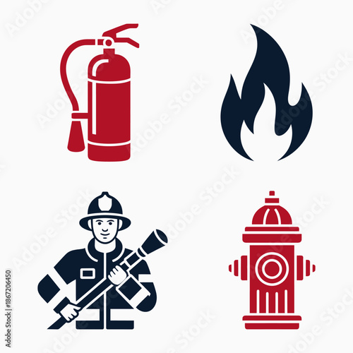 Fire Safety Symbols Vector Illustration: Extinguisher, Hydrant, Firefighter, Flame.