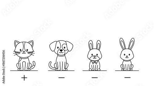 Simple black and white illustration of a cat dog and two rabbits with plus and minus signs.