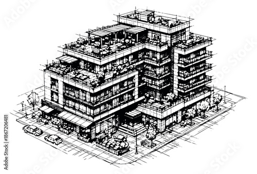 Hand drawn line art illustration of a modern urban building depicting residential and commercial architecture with rooftop terraces for city living concepts