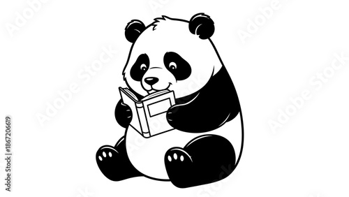 A cartoon panda bear reading a book in black and white illustration.