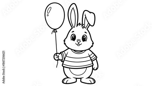 Adorable cartoon rabbit holding a balloon with a friendly smile.