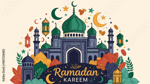 Colorful Ramadan Kareem Greeting with Mosque and Lanterns Illustration