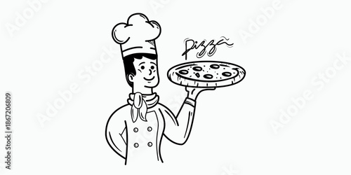 Minimalist Line Art of a Happy Chef Character Holding a Fresh Pizza for Pizzeria Branding