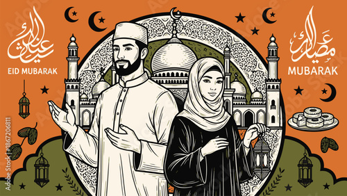 Traditional Eid Mubarak Celebration with Islamic Patterns and Calligraphy