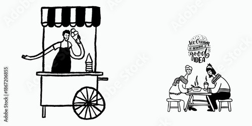 Minimalist Line Art Illustration of an Ice Cream Cart Vendor and People Enjoying Cold Treats