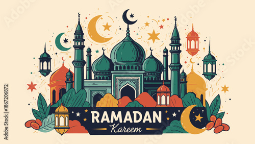 Colorful Ramadan Kareem Greeting with Mosque and Lanterns
