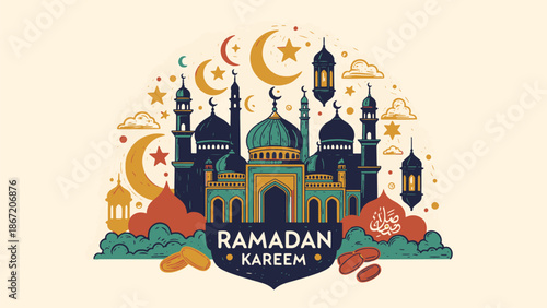 Colorful Ramadan Kareem Illustration with Mosque and Crescent Moons
