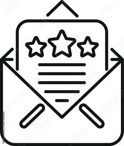 Envelope opening, showing a document with three outline stars and text lines