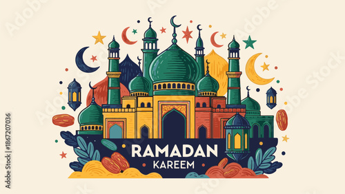 Colorful Ramadan Kareem Greeting with Mosque and Lanterns Illustration