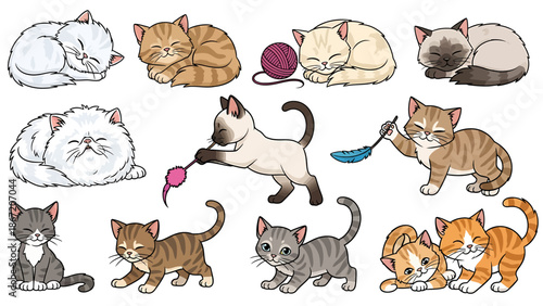 Adorable illustration of various cute cats and kittens in different poses and settings, ideal for pet lovers