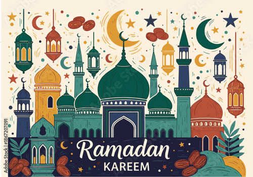 Colorful Ramadan Kareem Greeting with Mosque and Lanterns