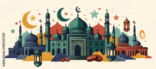 Colorful Islamic mosque illustration with crescent moon and stars
