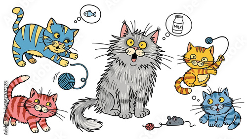 A playful collection of cute cartoon cats engaging in various activities like playing with yarn and mice, with a milk thought bubble