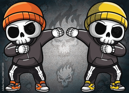 A cute skeleton dressed in a casual hoodie and strikes a dab.
