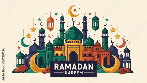 Colorful Ramadan Kareem Greeting with Mosques and Lanterns