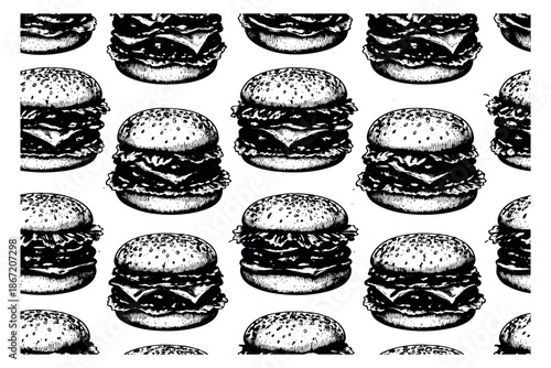 Hand drawn illustration of a seamless burger pattern depicting delicious fast food for restaurant branding