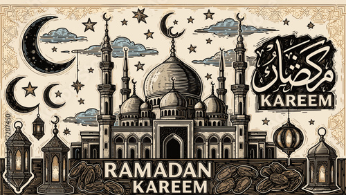 Intricate Ramadan Kareem illustration with mosque and lanterns