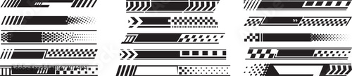 Racing stripes, race start and finish flag, black and white checkers, checkered flag sport car decal stripes vector set