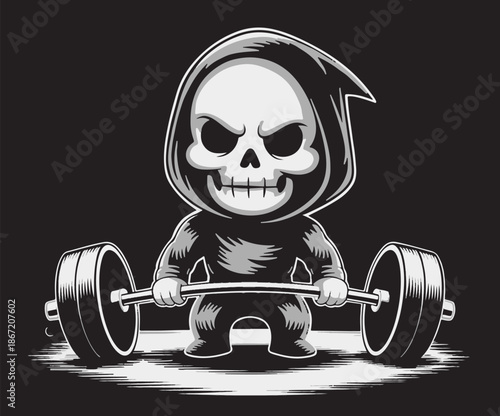 A drawing of the grim reaper lifting an Olympic bar.