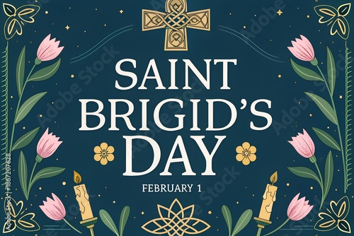Saint Brigid's Day Celtic Cross Candles Illustration, St Brigid's Day February 1 Floral Greeting Card, Irish Saint Brigid Candles Tulips Celtic Knot Design, Elegant St Brigid's Day Navy Blue Vector Ar