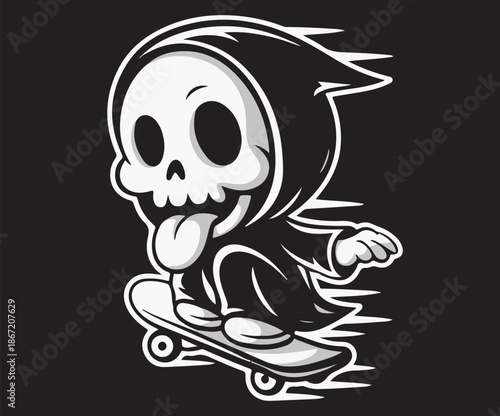 A drawing of the grim reaper riding a skateboard while playfully sticking out its tongue.
