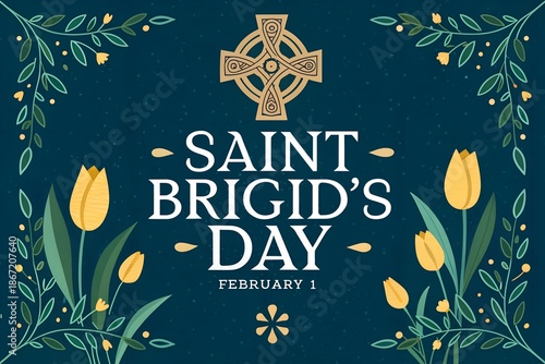 Saint Brigid's Day Celtic Cross Candles Illustration, St Brigid's Day February 1 Floral Greeting Card, Irish Saint Brigid Candles Tulips Celtic Knot Design, Elegant St Brigid's Day Navy Blue Vector Ar