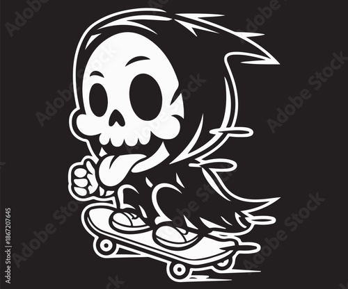 An illustration of a grim reaper riding a skateboard with his tongue out.