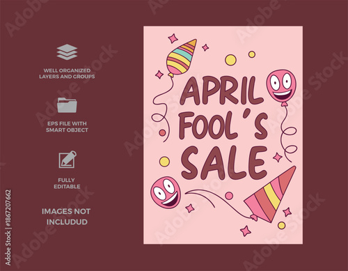 Whimsical april fool's sale poster featuring cheerful balloons and festive party hats