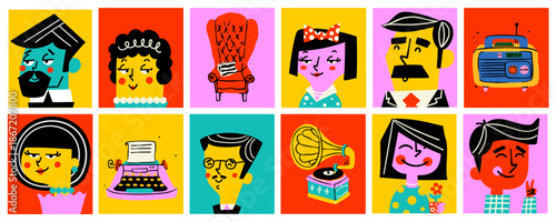 Retro character portraits and vintage objects set in naive modern style