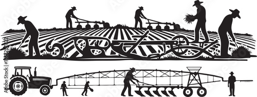 Farmers working in fields with tractor and harvesting crops