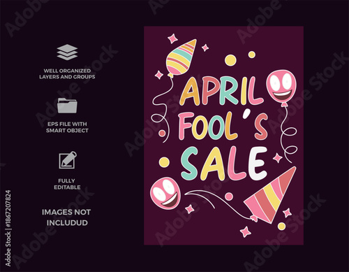 April fool's day sale playful banner with colorful balloons and party hats for promotions