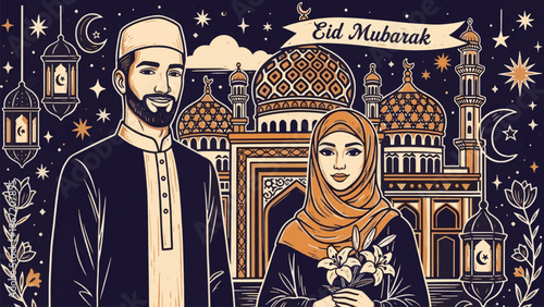 Muslim couple celebrating Eid in front of a mosque illustration
