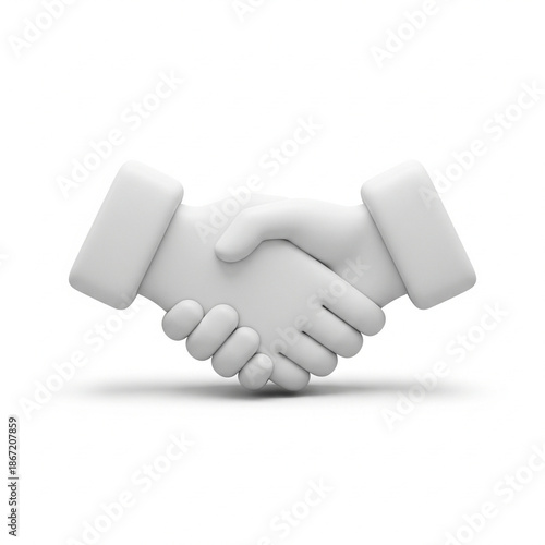 White three-dimensional handshake symbolizing successful business collaboration, professional agreement, and partnership concept on a clean background