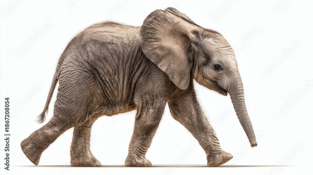 Fototapeta premium Baby Elephant Walking White Background