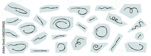 Uneven arrows for scrapbooking and collage on vintage paper with torn edges. Doodle collection on scraps of journal strips.A set of cut-out pieces of kraft paper with cute doodles. Vector elements.