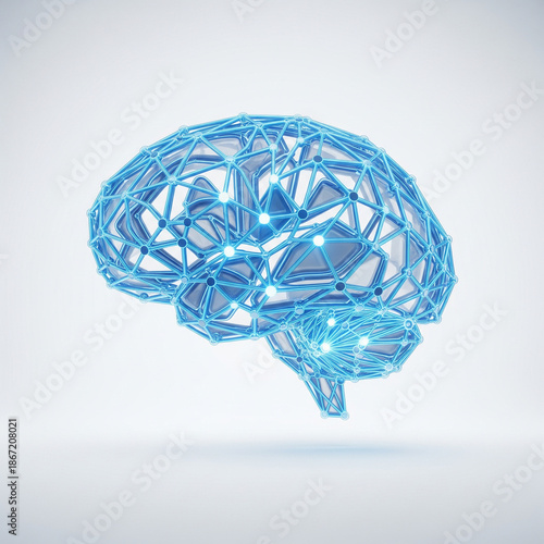 Abstract 3D illustration of a blue geometric human brain model with glowing nodes and connections, symbolizing data and artificial intelligence