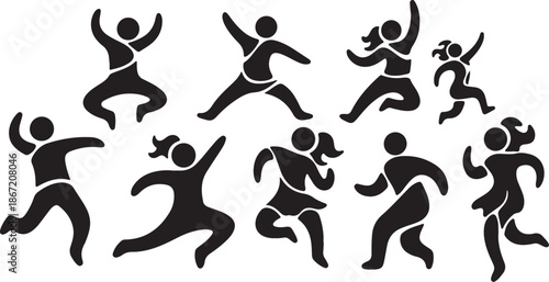 Black silhouettes of people running and jumping in various poses