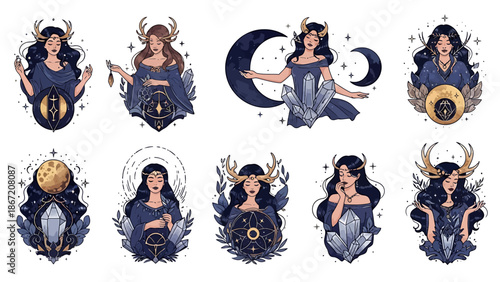 Collection of celestial goddess illustrations with moon, stars, and crystals