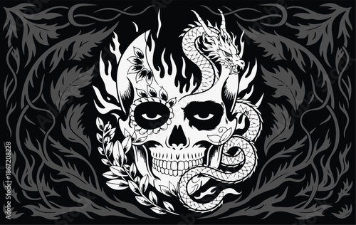 An illustration concept blending a skull, fire, and a dragon into one image on a creative background.