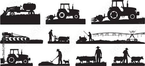 Farmers working with tractors and animals in fields at sunset