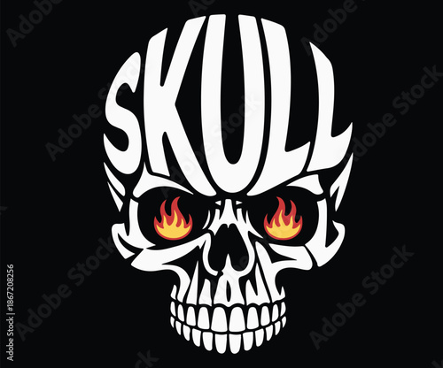 A skull with glowing, fiery eye sockets.