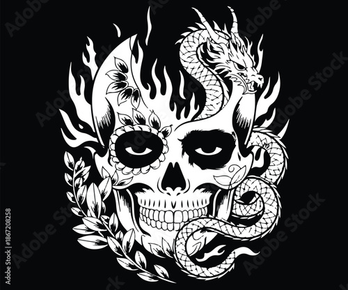 An art concept blending a skull, fire, and a dragon into one image